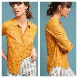 Anthropologie Maeve smocked shoulder yellow floral button down shirt